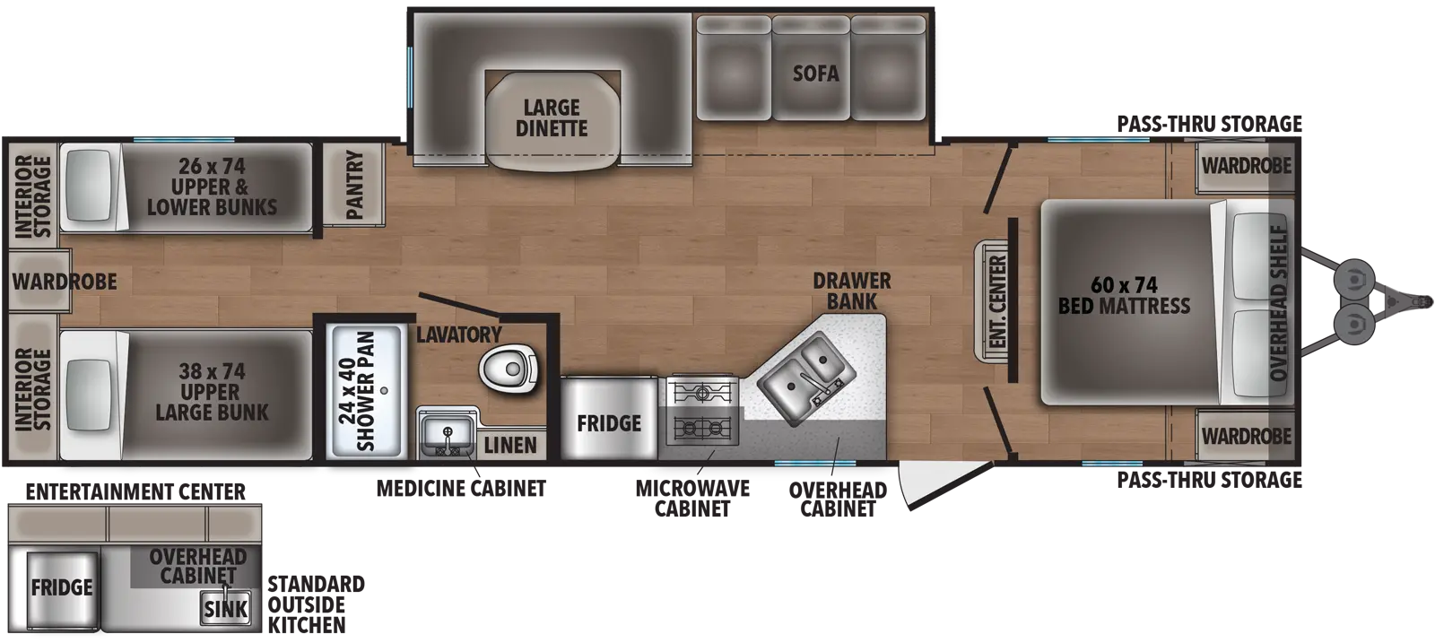 The 31OK has one slide out on the off-door side and one entry door on the door side. Interior layout from front to back: front bedroom with side-facing  queen bed; kitchen, living, dining area with off-door side slide out containing sofa and large dinette; entertainment center; kitchen with double basin sink, overhead cabinet, cook top stove, microwave cabinet, and refrigerator; bathroom; and rear bedroom with two sets of bunks, and bunk storage.